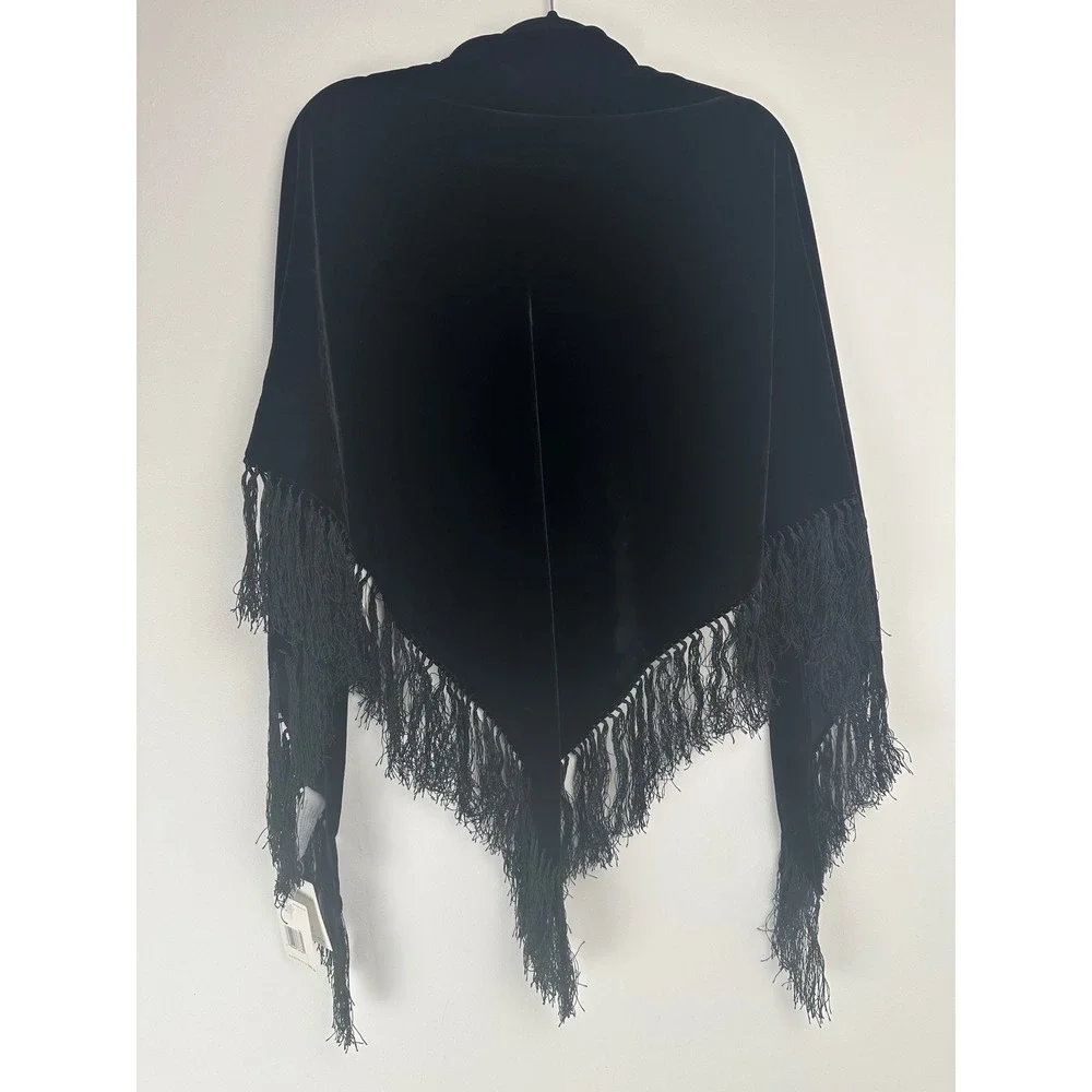 Whimsygoth Black Silk Blend Velvet Triangle Fringe Shawl Wrap Scarf New Fairy